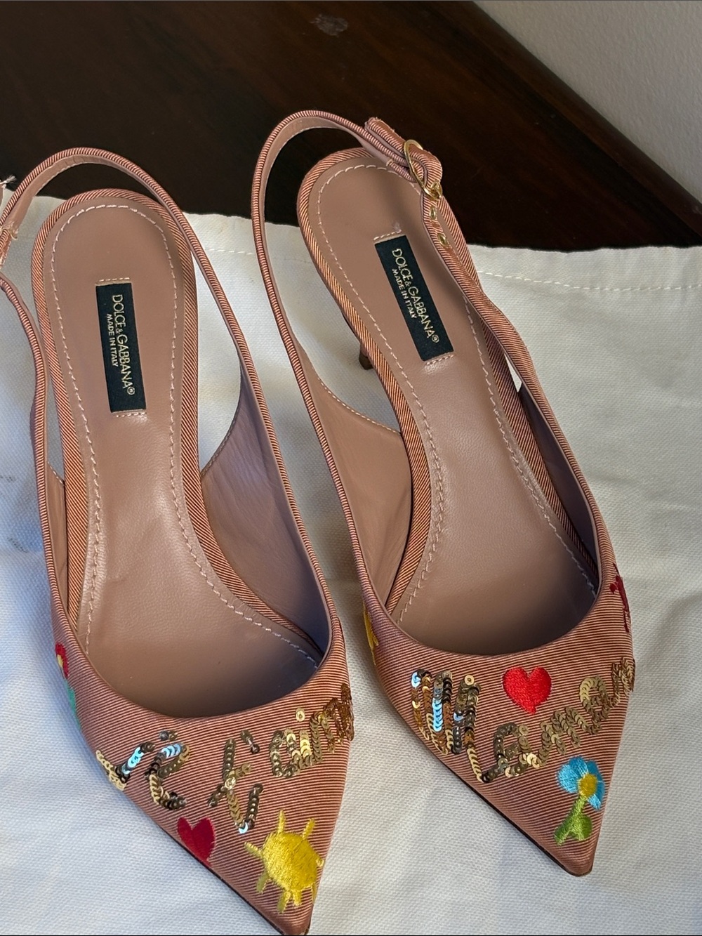 Dolce & Gabbana Je t'aime mamam  Embellished Pink Slingback Heels size 37